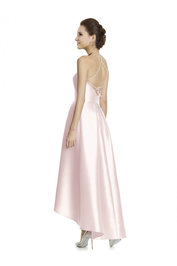 Sleeveless Halter Neck Satin Pink Long High Low Bridesmaid Dress Cardiff