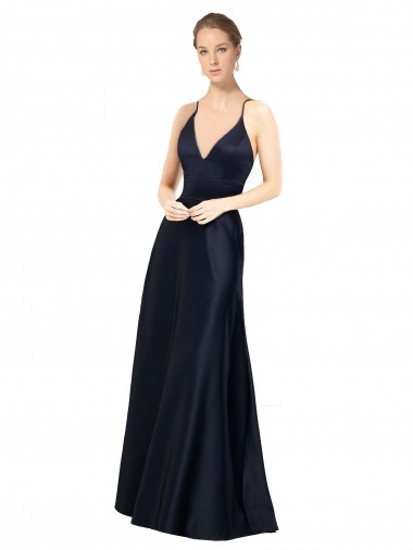 Sleeveless V-Neck Satin Dark Navy Long Prom Dress / Bridal Party Dress Cardiff