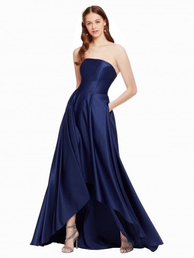 Sleeveless Strapless Satin Dark Navy Long High Low Evening Gown / Prom Dress / Bridesmaid Dress Cardiff