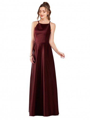 Sleeveless Halter Neck Satin Burgundy Gold Long Prom Dress / Bridesmaid Dress Cardiff