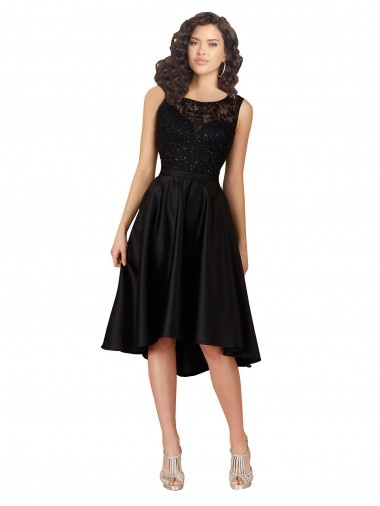 Sleeveless Illusion Neck Satin & Lace Black Midi Length High Low Bridesmaid Dress Cardiff