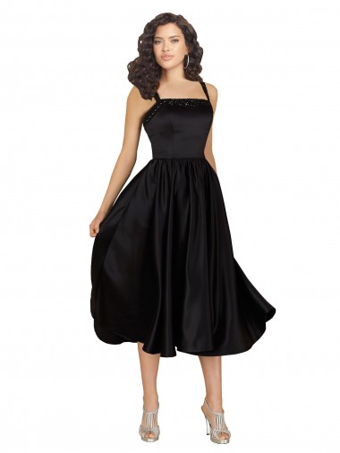 Sleeveless Square Neck Satin Black Knee Length Prom Dress / Bridesmaid Dress Cardiff