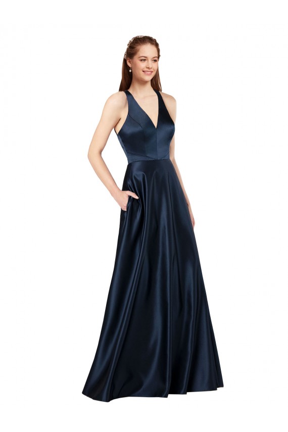 Sleeveless V-Neck Satin Dark Navy Long Formal Evening Gown / Prom Dress / Bridesmaid Dress Cardiff