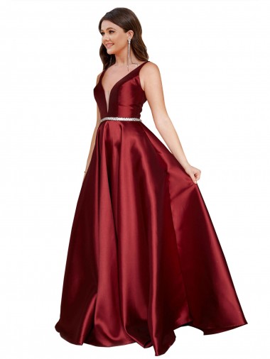 Sleeveless V-Neck Satin Burgundy Long Formal Plus Size Evening Gown / Prom Dress / Bridesmaid Dress Cardiff