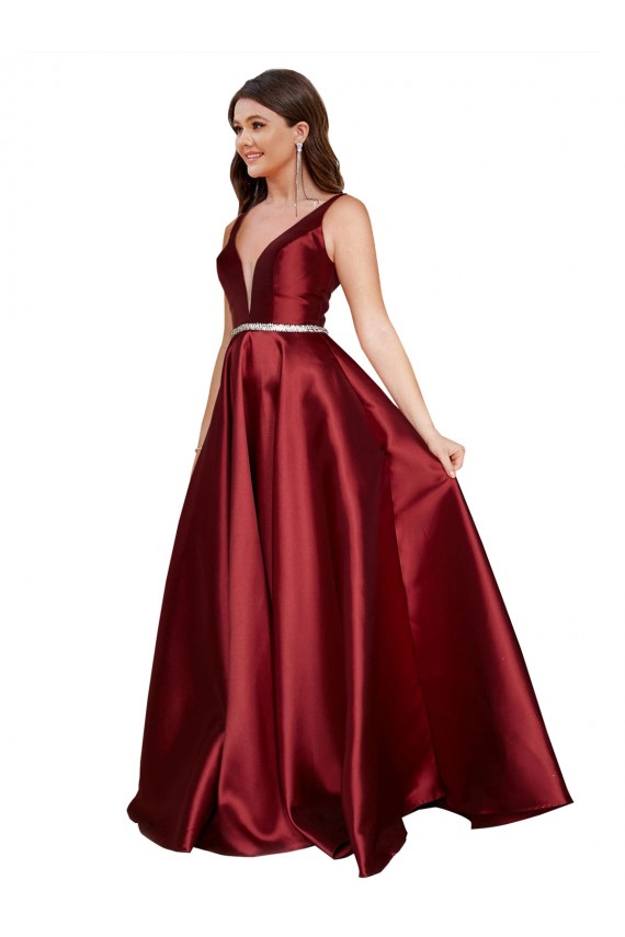 Sleeveless V-Neck Satin Burgundy Long Formal Plus Size Evening Gown / Prom Dress / Bridesmaid Dress Cardiff