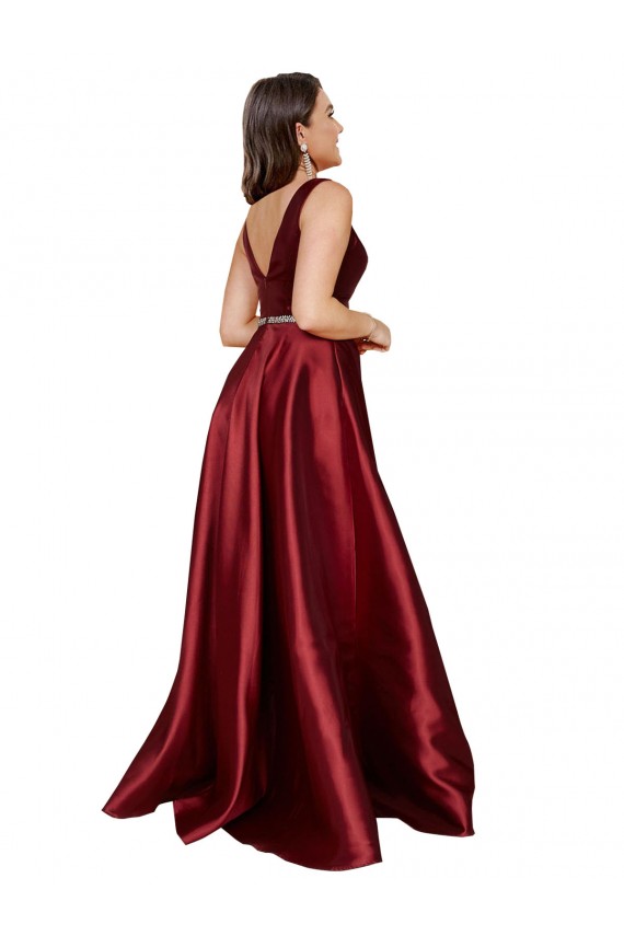 Sleeveless V-Neck Satin Burgundy Long Formal Plus Size Evening Gown / Prom Dress / Bridesmaid Dress Cardiff