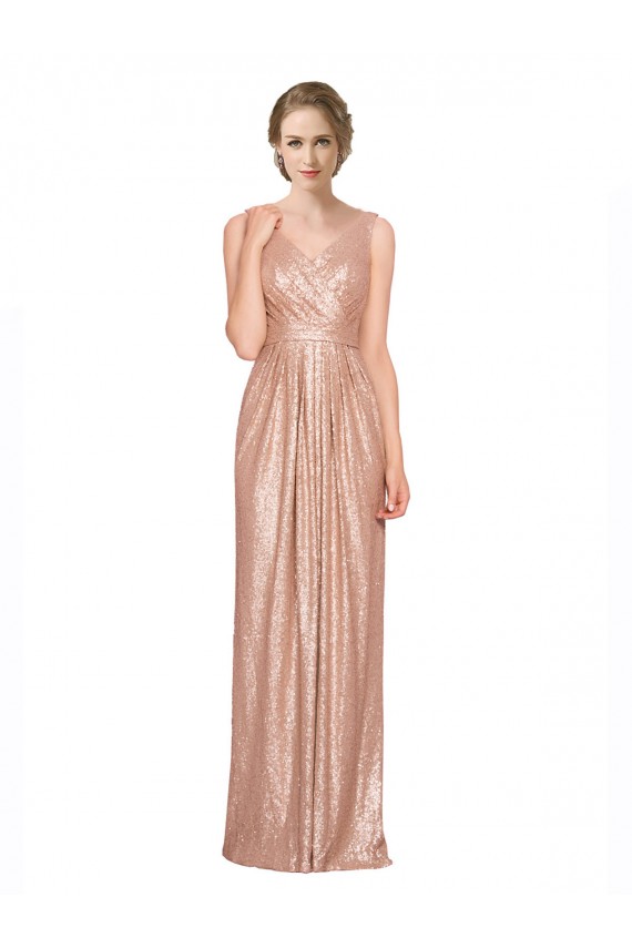 Sleeveless V-Neck Sequin Rose Gold Long Bridesmaid Dress / Evening Dress Cardiff