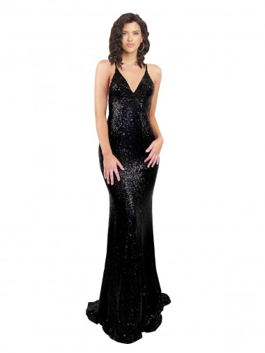 Sleeveless V-Neck Sequin Black Long Black Tie Evening Gown / Prom Dress / Bridesmaid Dress Cardiff