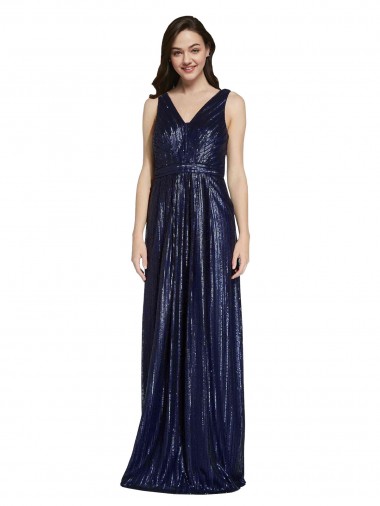 Sleeveless V-Neck Sequin Dark Navy Sheath Long Formal Evening Gown / Prom Dress / Bridesmaid Dress Cardiff