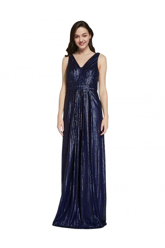 Sleeveless V-Neck Sequin Dark Navy Sheath Long Formal Evening Gown / Prom Dress / Bridesmaid Dress Cardiff