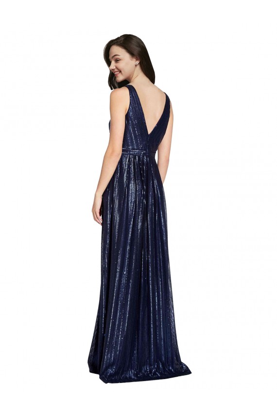 Sleeveless V-Neck Sequin Dark Navy Sheath Long Formal Evening Gown / Prom Dress / Bridesmaid Dress Cardiff