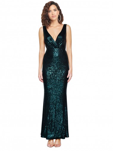 Sleeveless V-Neck Sequin Dark Green Long Bridesmaid Dress / Evening Dress Cardiff