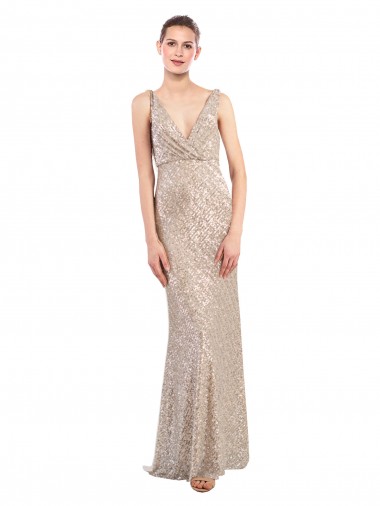 Sleeveless V-Neck Sequin & Sparkling Sequin Silver Long Formal Evening Gown / Prom Dress / Bridesmaid Dress Cardiff
