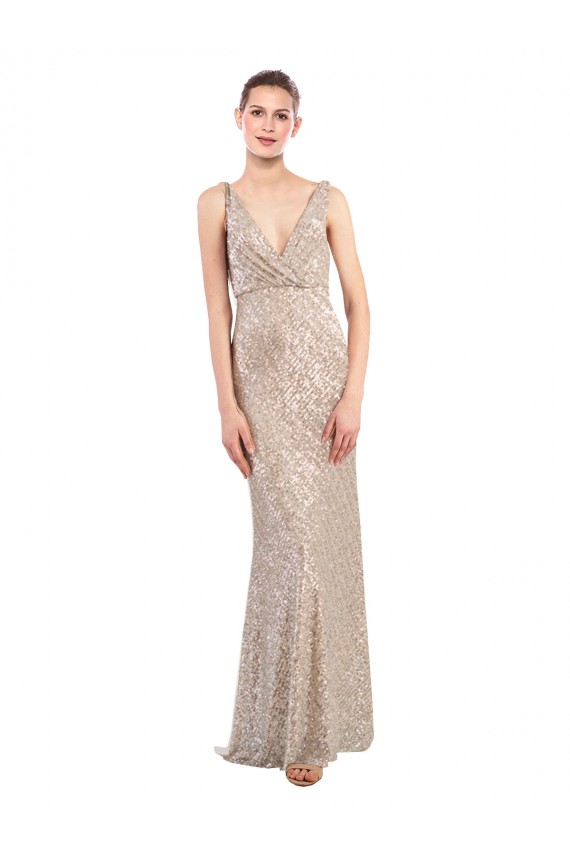 Sleeveless V-Neck Sequin & Sparkling Sequin Silver Long Formal Evening Gown / Prom Dress / Bridesmaid Dress Cardiff