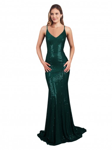 Sleeveless V-Neck Sequin Dark Green Mermaid Long Formal Evening Gown / Prom Dress / Bridesmaid Dress Cardiff