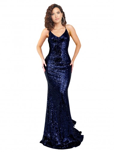 Sleeveless V-Neck Sequin Dark Navy Long Formal Evening Gown / Prom Dress / Bridesmaid Dress Cardiff
