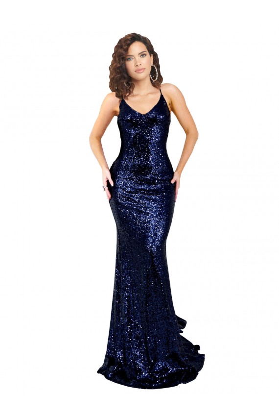 Sleeveless V-Neck Sequin Dark Navy Long Formal Evening Gown / Prom Dress / Bridesmaid Dress Cardiff