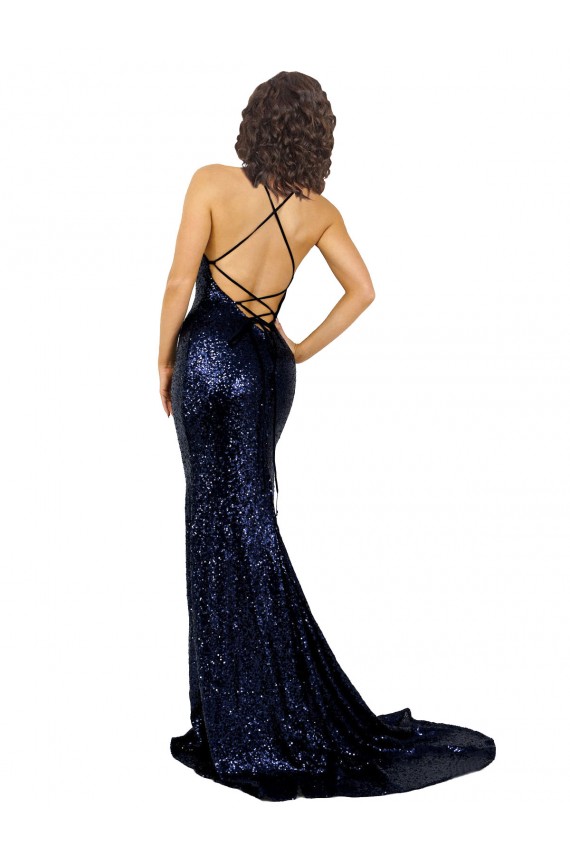 Sleeveless V-Neck Sequin Dark Navy Long Formal Evening Gown / Prom Dress / Bridesmaid Dress Cardiff