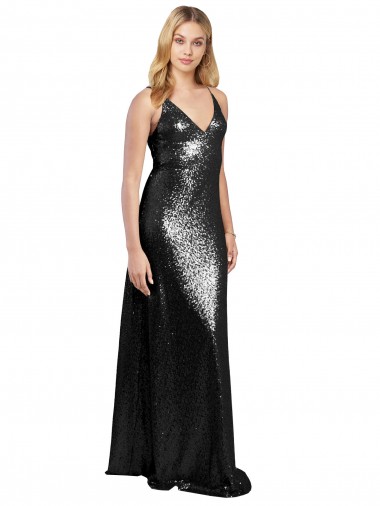 Sleeveless V-Neck Sequin Black Long Formal Evening Gown / Prom Dress / Bridesmaid Dress Cardiff