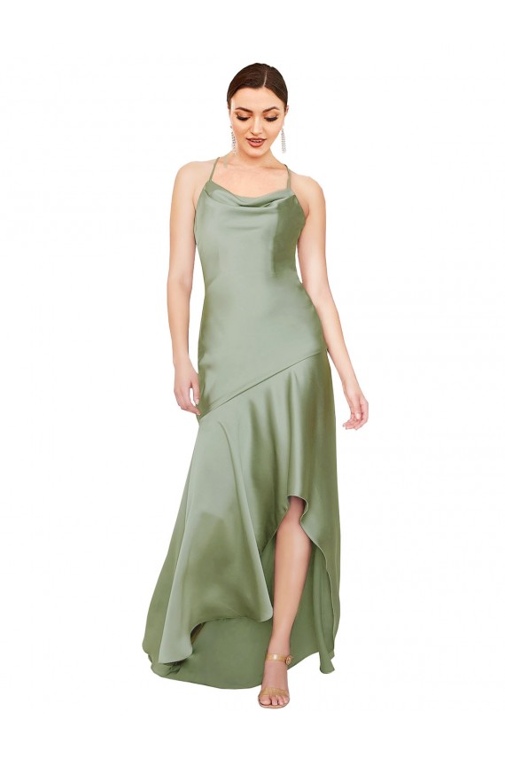 Sleeveless Cowl Neck Silk like Satin Smoke Green Long High Low Evening Gown / Prom Dress / Bridesmaid Dress Cardiff