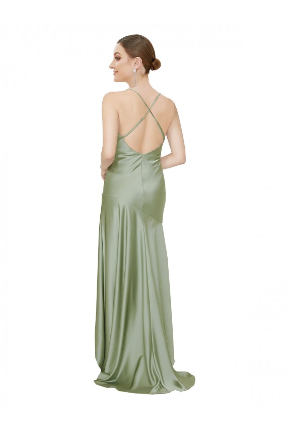 Sleeveless Cowl Neck Silk like Satin Smoke Green Long High Low Evening Gown / Prom Dress / Bridesmaid Dress Cardiff