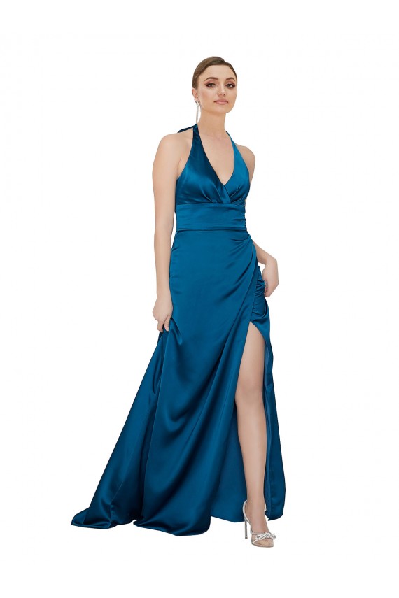 Sleeveless Halter Neck Silk like Satin Peacock Blue Long Formal Evening Gown / Prom Dress / Bridesmaid Dress Cardiff
