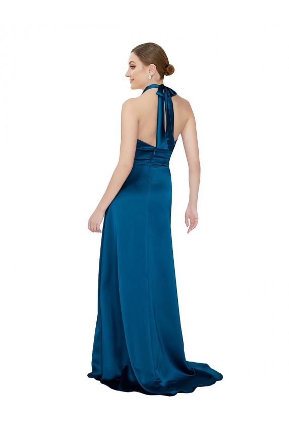 Sleeveless Halter Neck Silk like Satin Peacock Blue Long Formal Evening Gown / Prom Dress / Bridesmaid Dress Cardiff