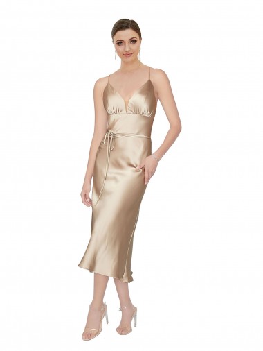 Sleeveless V-Neck Silk like Satin Midi Length Formal Evening Gown / Prom Dress / Bridesmaid Dress Cardiff