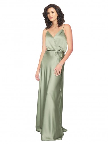 Sleeveless V-Neck Silk like Satin Smoke Green Long Formal Evening Gown / Bridesmaid Dress Cardiff
