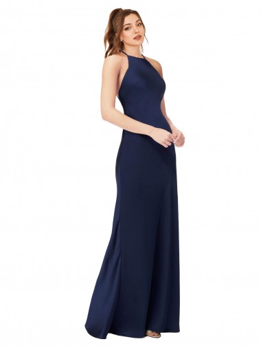 Sleeveless High Neck Silk like Satin Sapphire Sheath Long Formal Evening Gown / Prom Dress / Bridesmaid Dress Cardiff