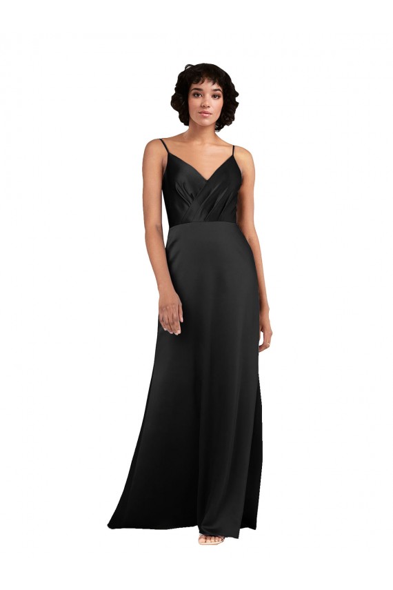 Sleeveless V-Neck Silk like Satin Black Column Long Formal Evening Gown / Prom Dress / Bridesmaid Dress Cardiff