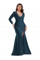 Long Sleeves V-Neck Silk like Satin Atlantic Blue Long Formal Plus Size Evening Gown / Prom Dress / Bridesmaid Dress Cardiff