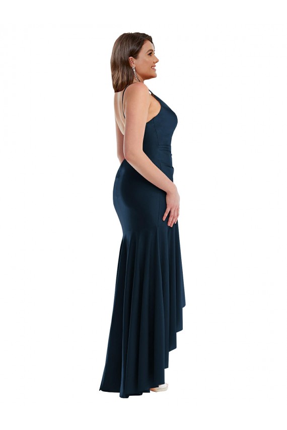 Sleeveless Spaghetti Straps Silk like Satin Dark Navy Long High Low Plus Size Evening Gown / Prom Dress / Bridesmaid Dress Cardiff