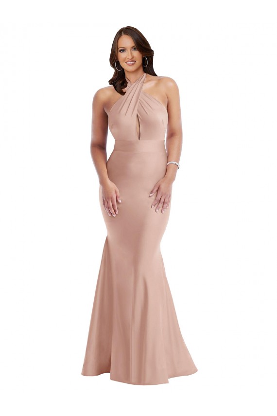 Sleeveless Halter Neck Silk like Satin Dusty Pink Long Formal Plus Size Evening Gown / Prom Dress / Bridesmaid Dress Cardiff