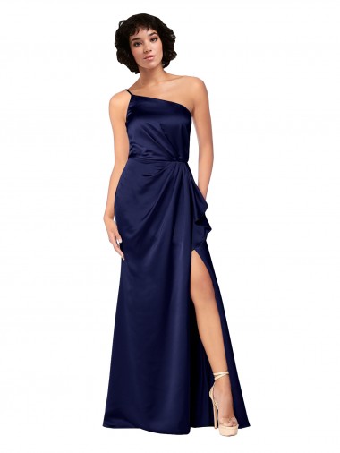 Sleeveless One Shoulder Silk like Satin Sapphire Long Black Tie Evening Gown / Prom Dress / Bridesmaid Dress Cardiff