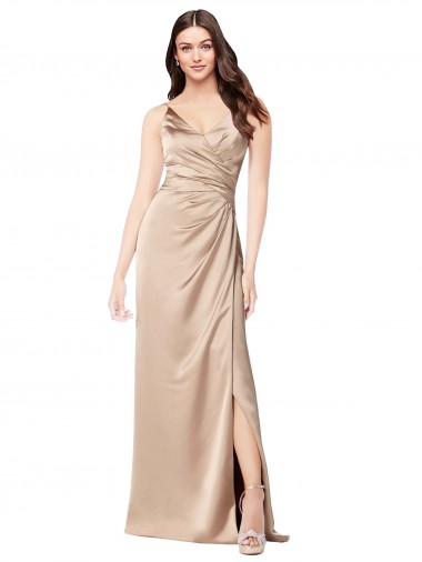 Sleeveless V-Neck Silk like Satin Champagne Pink Long Formal Evening Gown / Prom Dress / Bridesmaid Dress Cardiff