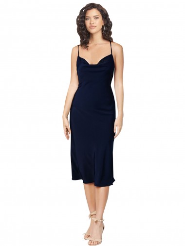 Sleeveless Cowl Neck Silk like Satin Dark Navy Midi Length Formal Evening Gown / Prom Dress / Bridesmaid Dress Cardiff