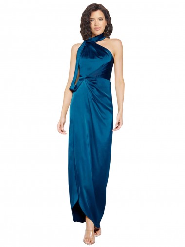 Sleeveless High Neck Silk like Satin Peacock Blue Long Formal Evening Gown / Prom Dress / Bridesmaid Dress Cardiff