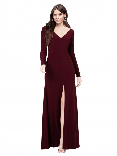 Long Sleeves V-Neck Spandex Burgundy Gold Long Prom Dress / Bridesmaid Dress Cardiff