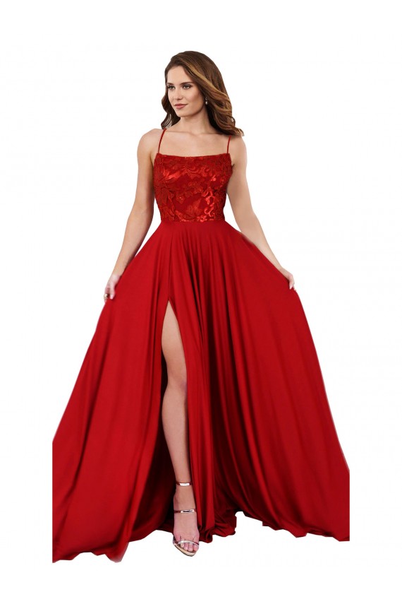 Sleeveless Square Neck Spandex & Lace Red Long Semi Formal Evening Dress / Prom Dress / Bridesmaid Dress Cardiff