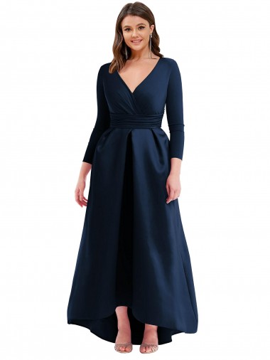 Long Sleeves V-Neck Spandex Dark Navy Long High Low Plus Size Evening Gown / Prom Dress / Bridesmaid Dress Cardiff