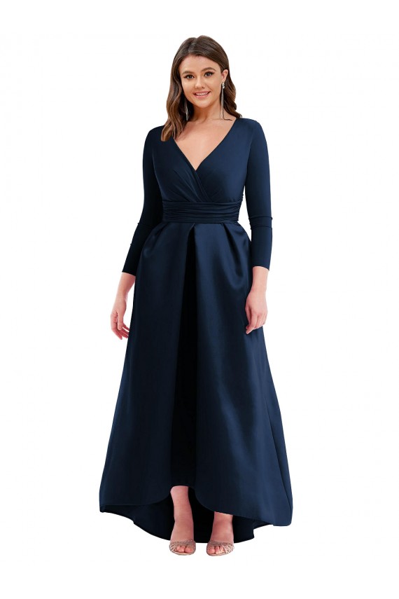 Long Sleeves V-Neck Spandex Dark Navy Long High Low Plus Size Evening Gown / Prom Dress / Bridesmaid Dress Cardiff