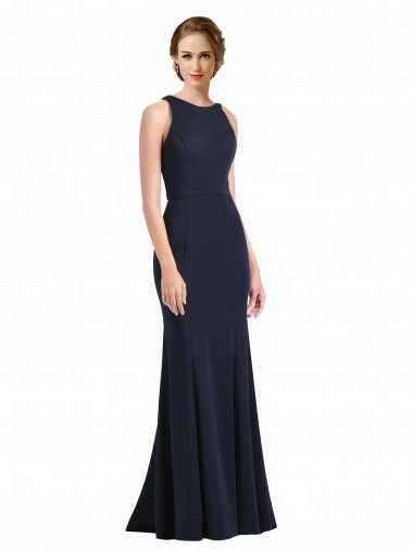 Sleeveless High Neck Stretch Crepe Dark Navy Long Black Tie Prom Dress / Bridesmaid Dress Cardiff