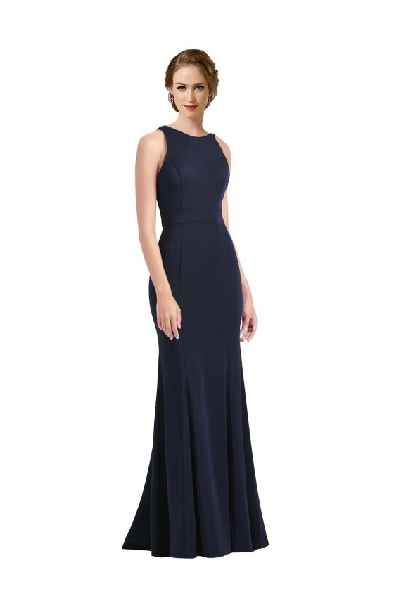 Sleeveless High Neck Stretch Crepe Dark Navy Long Black Tie Prom Dress / Bridesmaid Dress Cardiff