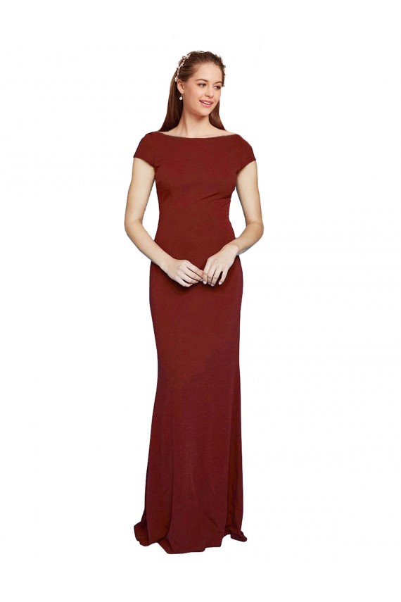Cap Sleeves Round Neck Stretch Crepe Burgundy Long Formal Evening Gown / Prom Dress / Bridesmaid Dress Cardiff