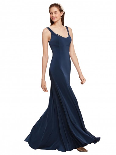 Sleeveless Round Neck Stretch Crepe Dark Navy Long Prom Dress / Bridesmaid Dress Cardiff