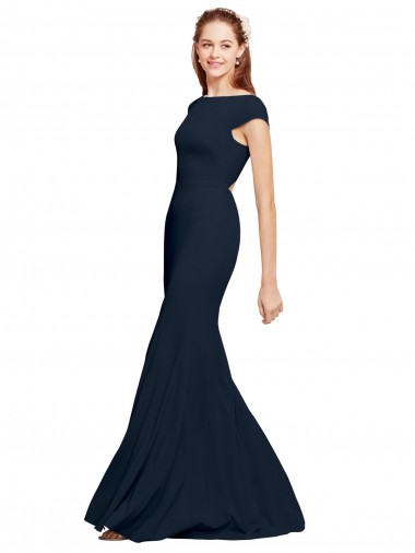 Sleeveless Boat Neck Stretch Crepe Dark Navy Long Formal Evening Gown / Prom Dress / Bridesmaid Dress Cardiff