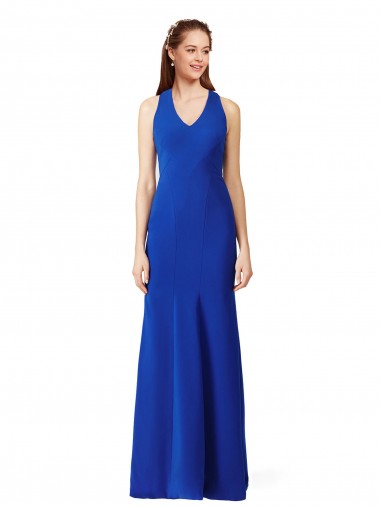 Sleeveless V-Neck Stretch Crepe Royal Blue Long Formal Evening Gown / Prom Dress / Bridesmaid Dress Cardiff