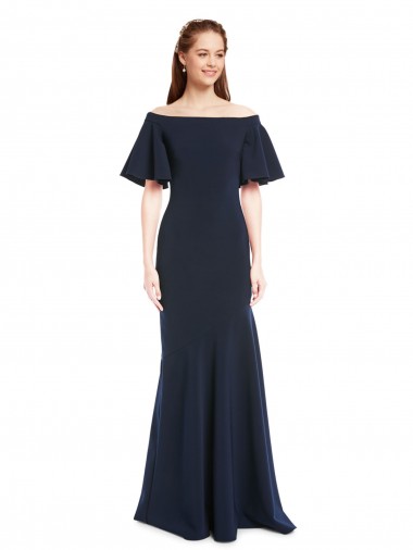 Short Sleeves Off the Shoulder Stretch Crepe Dark Navy Long Bridesmaid Dress / Formal Dress Cardiff
