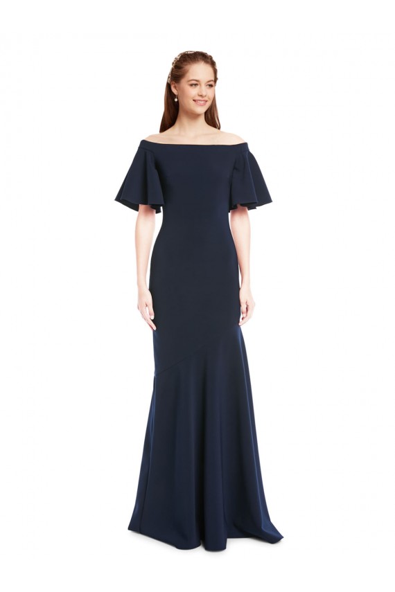 Short Sleeves Off the Shoulder Stretch Crepe Dark Navy Long Bridesmaid Dress / Formal Dress Cardiff